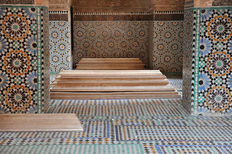 The Saadian tombs, covered with zelij ceramic tiles, date back to the time of the sultan Ahmed al-Mansur Saadi (1578-1603), Marrakech, 2012