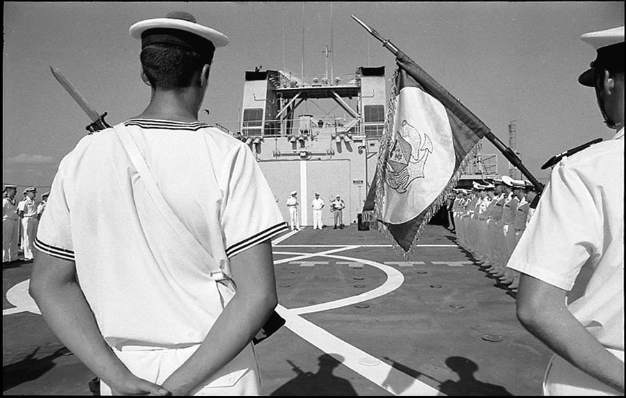 Admiral Jacques Mazars passing command of TF 150 to a Dutch Commodore, Djibouti